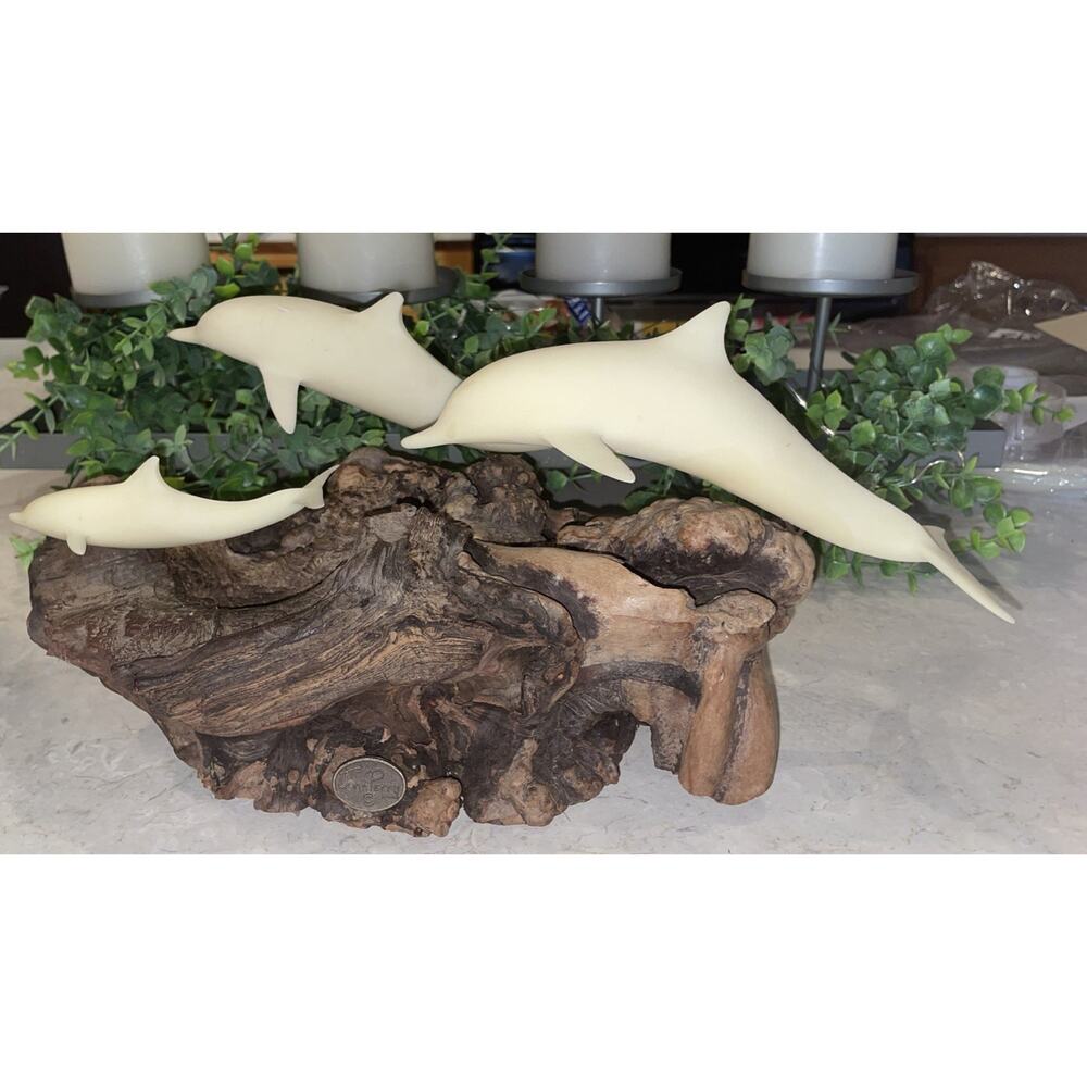 Vintage John Perry 2 Manatee & Calf Sculpture On Wood Large 14x7.5x7.5”